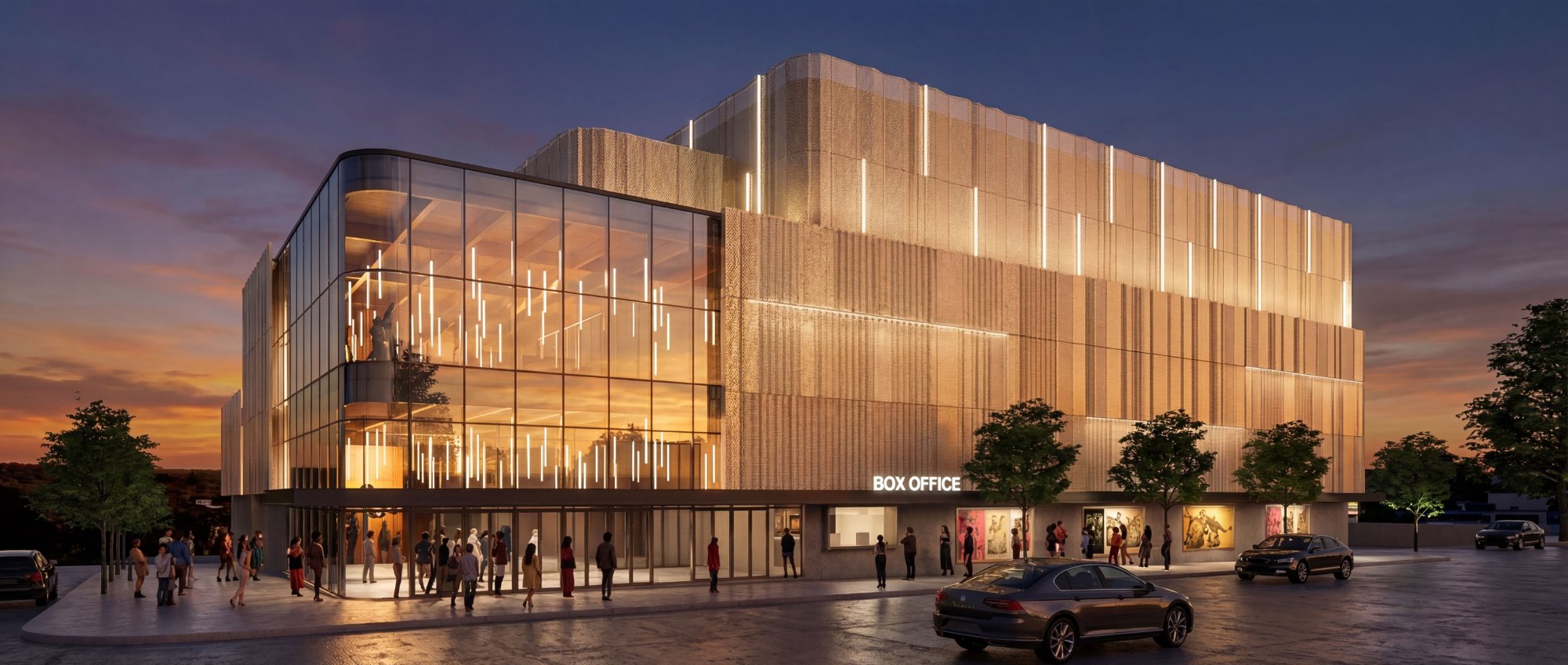 Venue exterior rendering at twilight